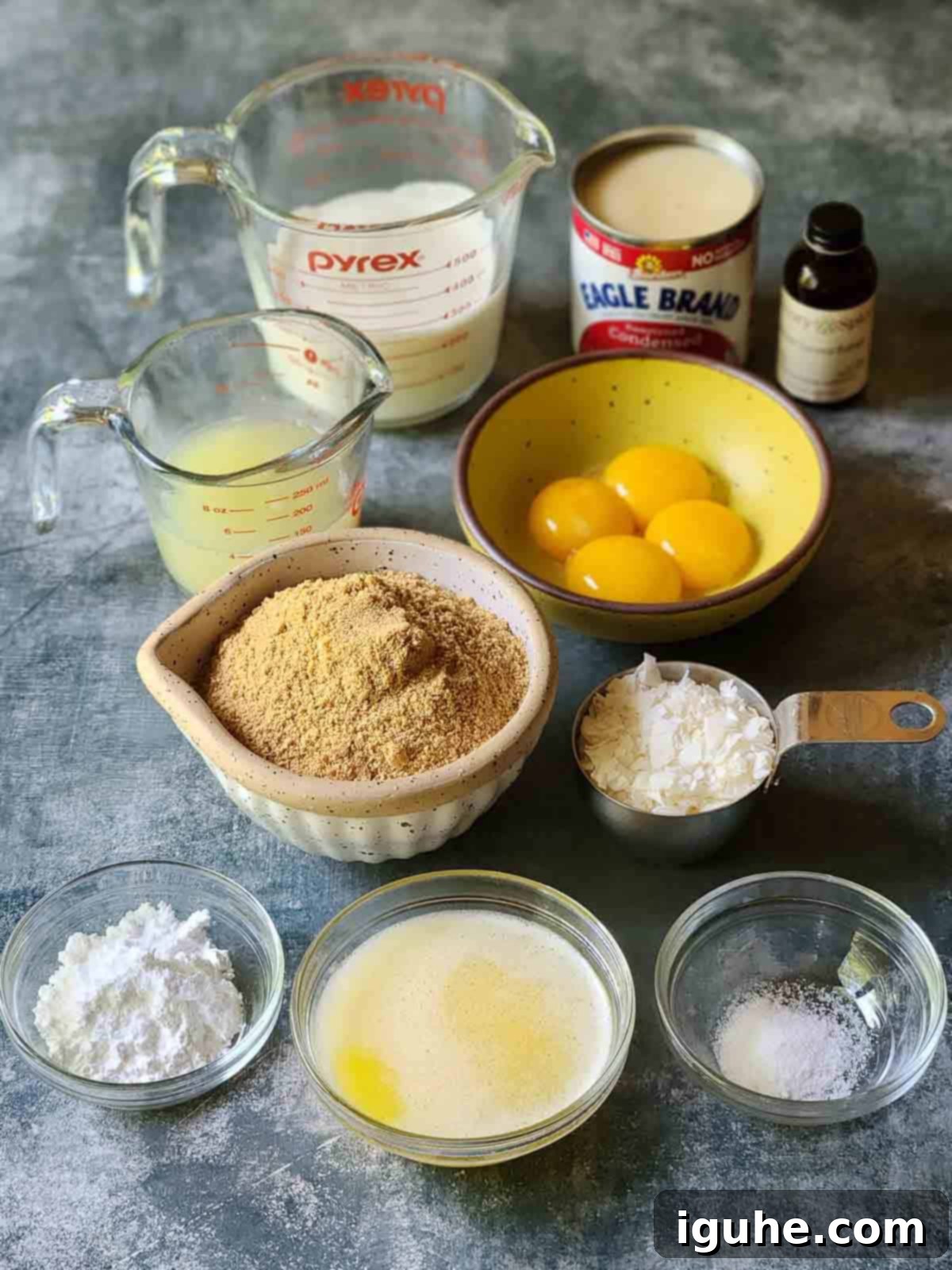 Ingredients for key lime pie on a grey surface.