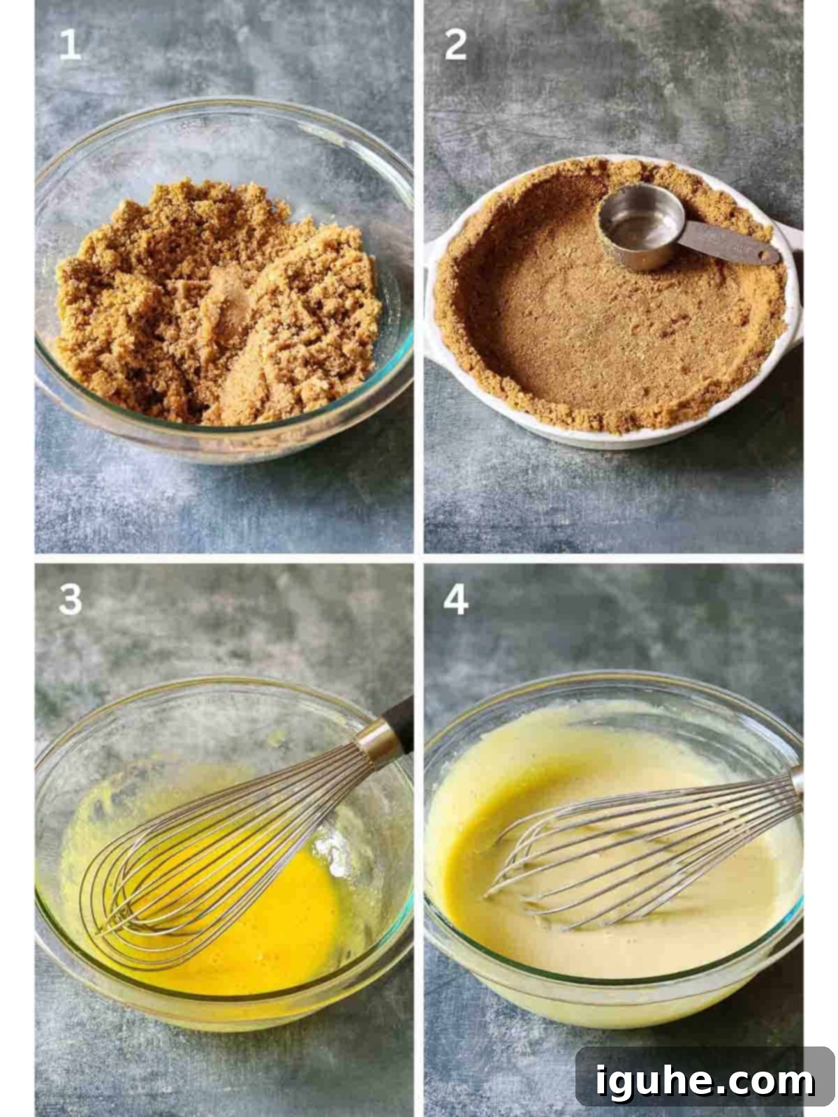 A grid of 4 photos showing how to make key lime pie.