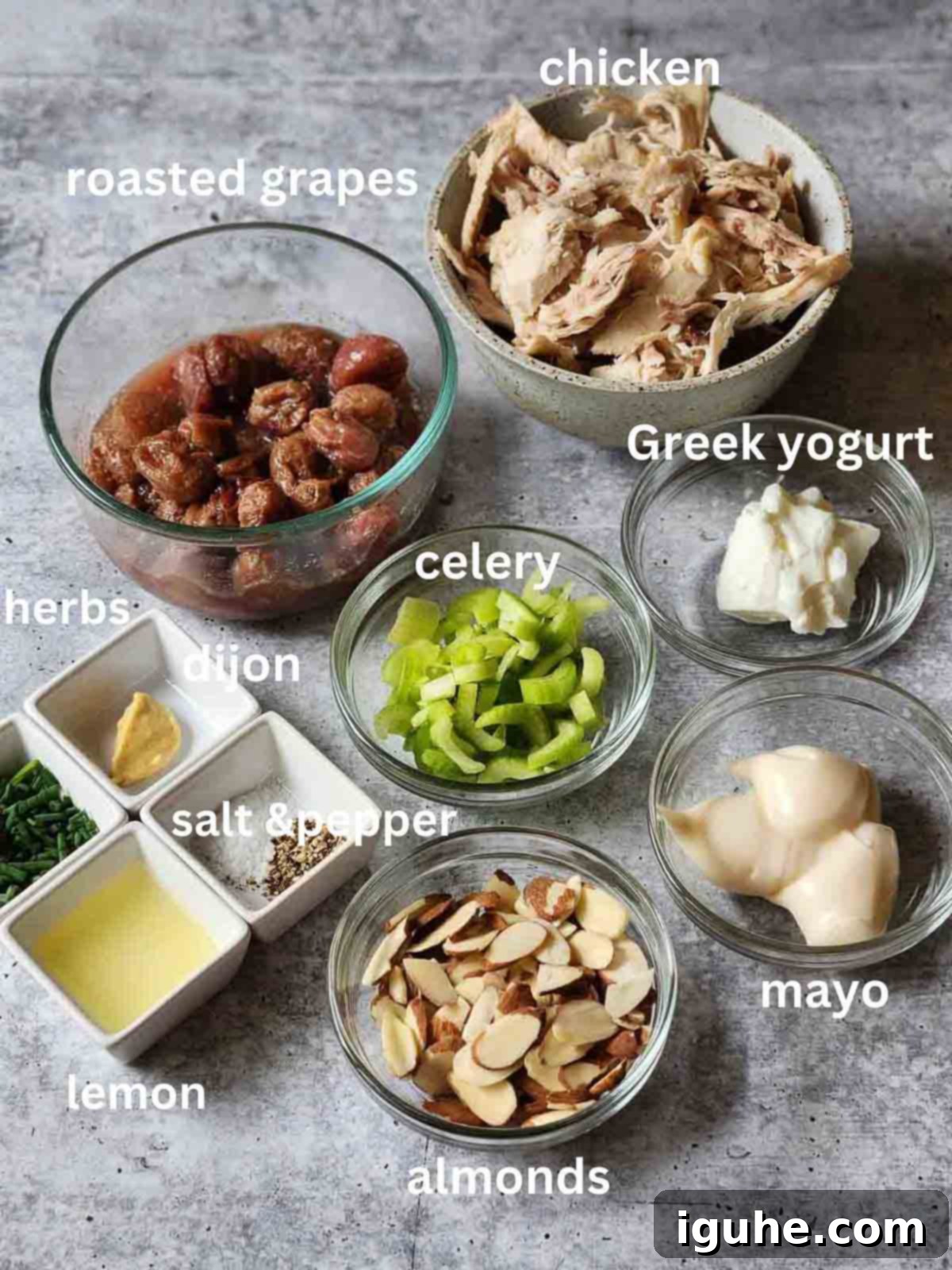 Roasted Grape Rotisserie Chicken Salad 3 Labeled ingredients on a grey surface.