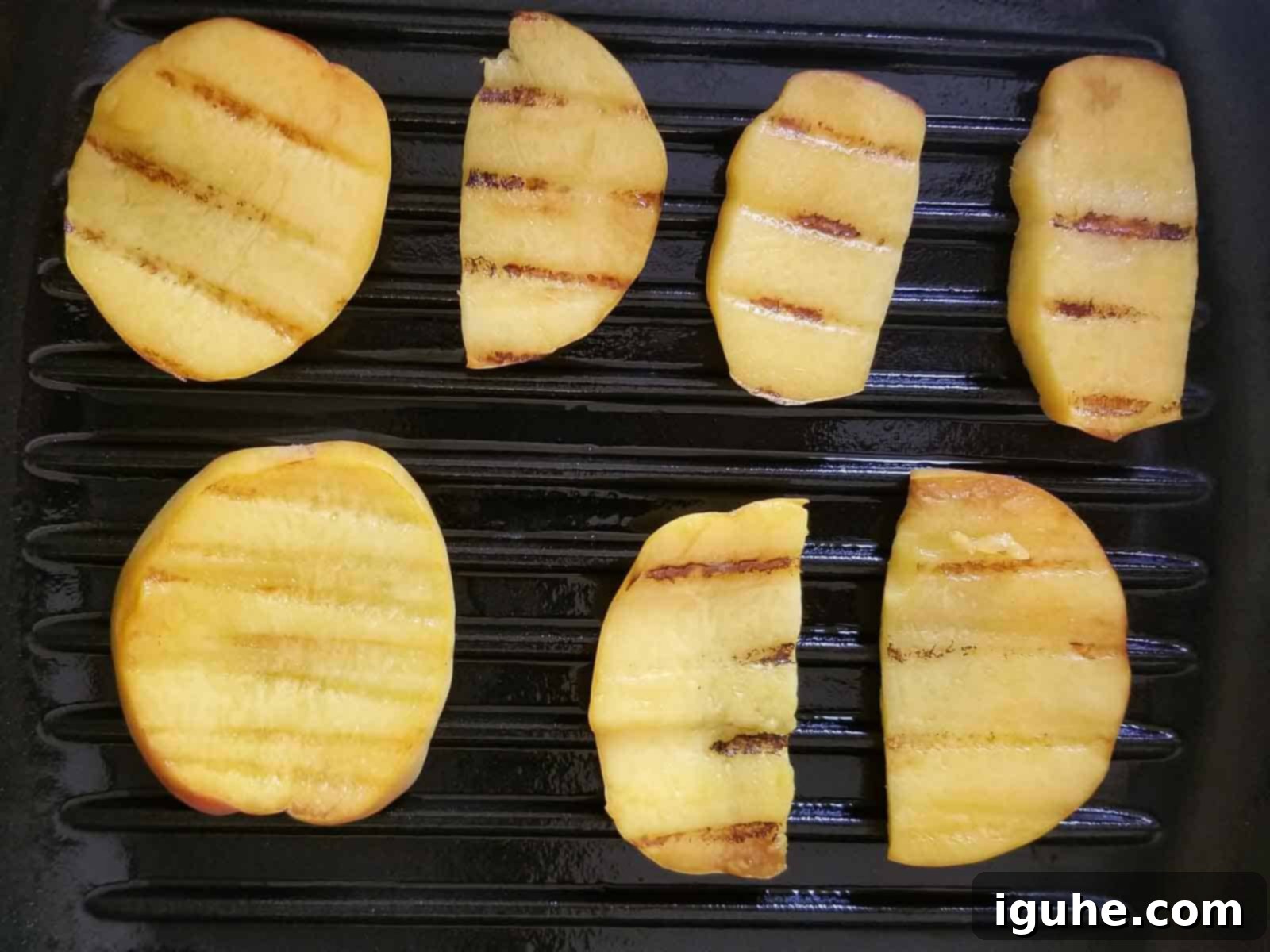 Caprese Toast with Grilled Peaches 5 Grilled peach slices on a grill pan