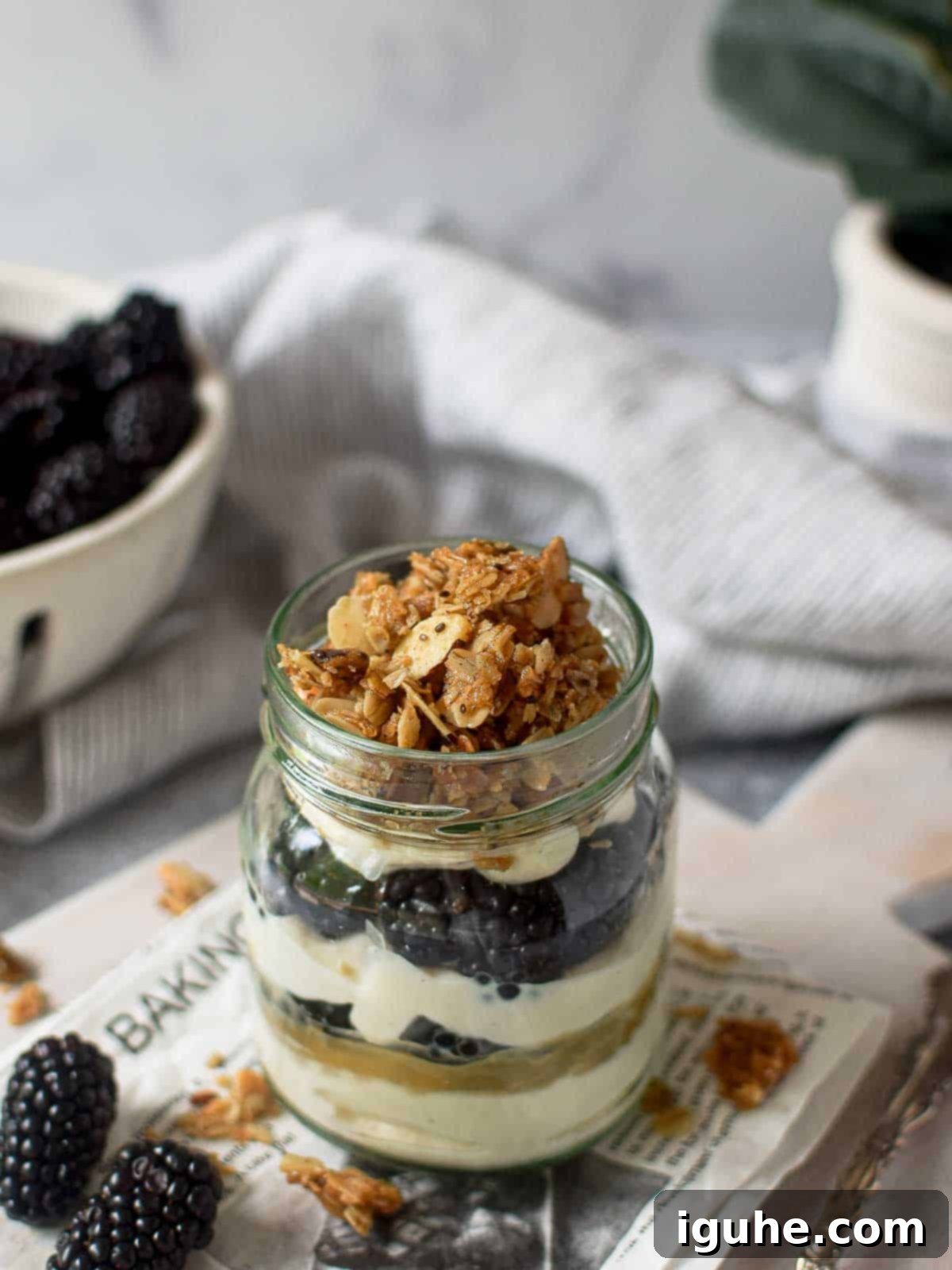 Bright Blackberry Lemon Parfait 4 Angled view of a layered yogurt parfait with fresh blackberries, set on a grey wooden board with additional blackberries scattered in the background, highlighting the fresh ingredients.