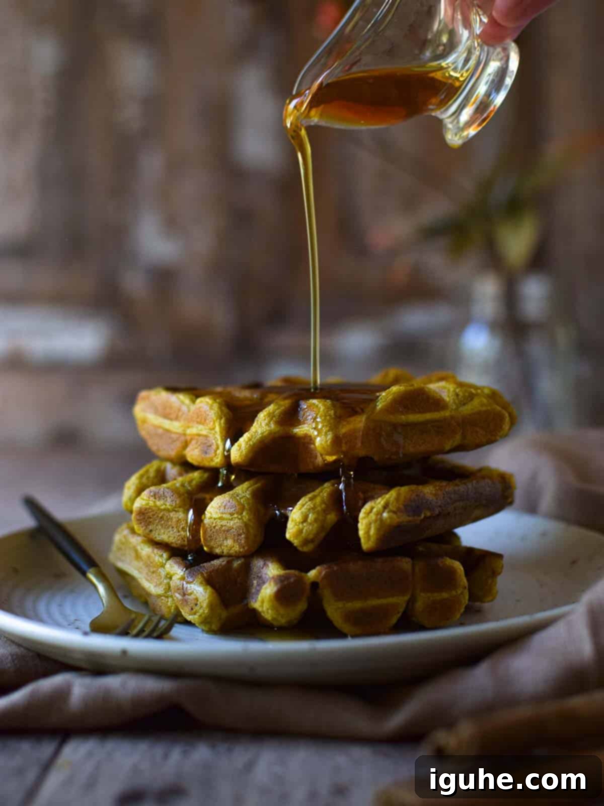 Pumpkin Spice Belgian Waffles 6 Eye-level view of rich maple syrup being slowly poured onto a stack of fluffy Belgian-style pumpkin spice waffles, showcasing their deep pockets and golden-brown crust.