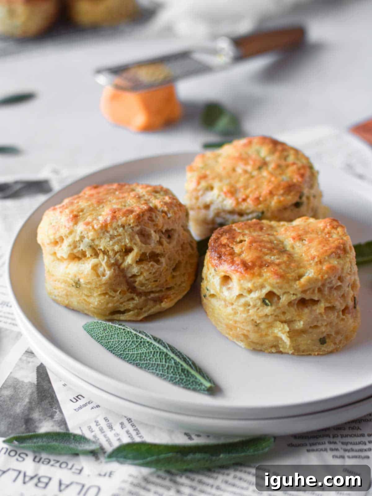 Three golden-brown savory cheddar and sage biscuits on a white plate with visible cheese pockets and green sage flecks.