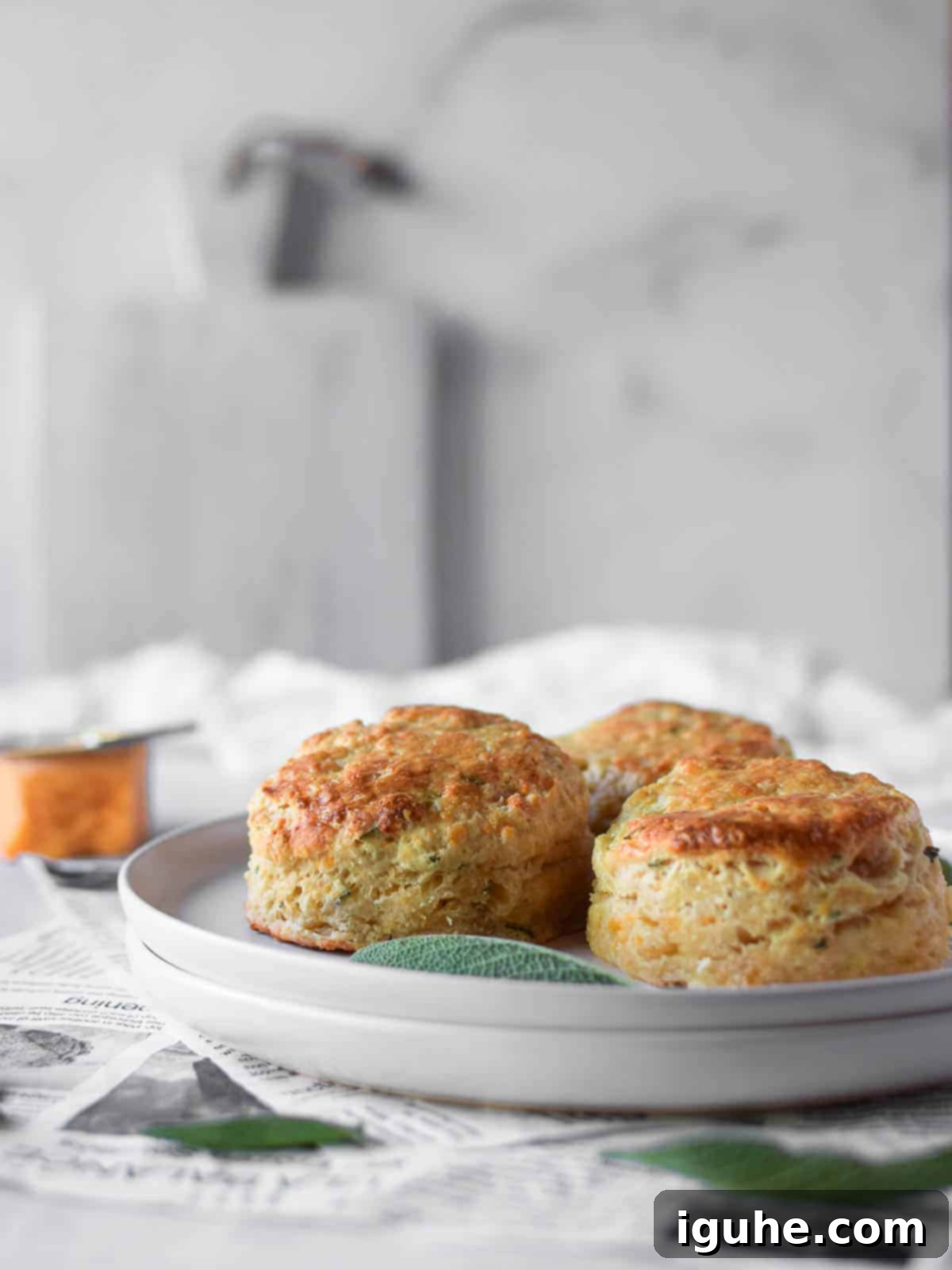 Golden Cheddar Sage Biscuits 3 Three cheddar and sage biscuits on a white plate with a dark background, showing their flaky layers.