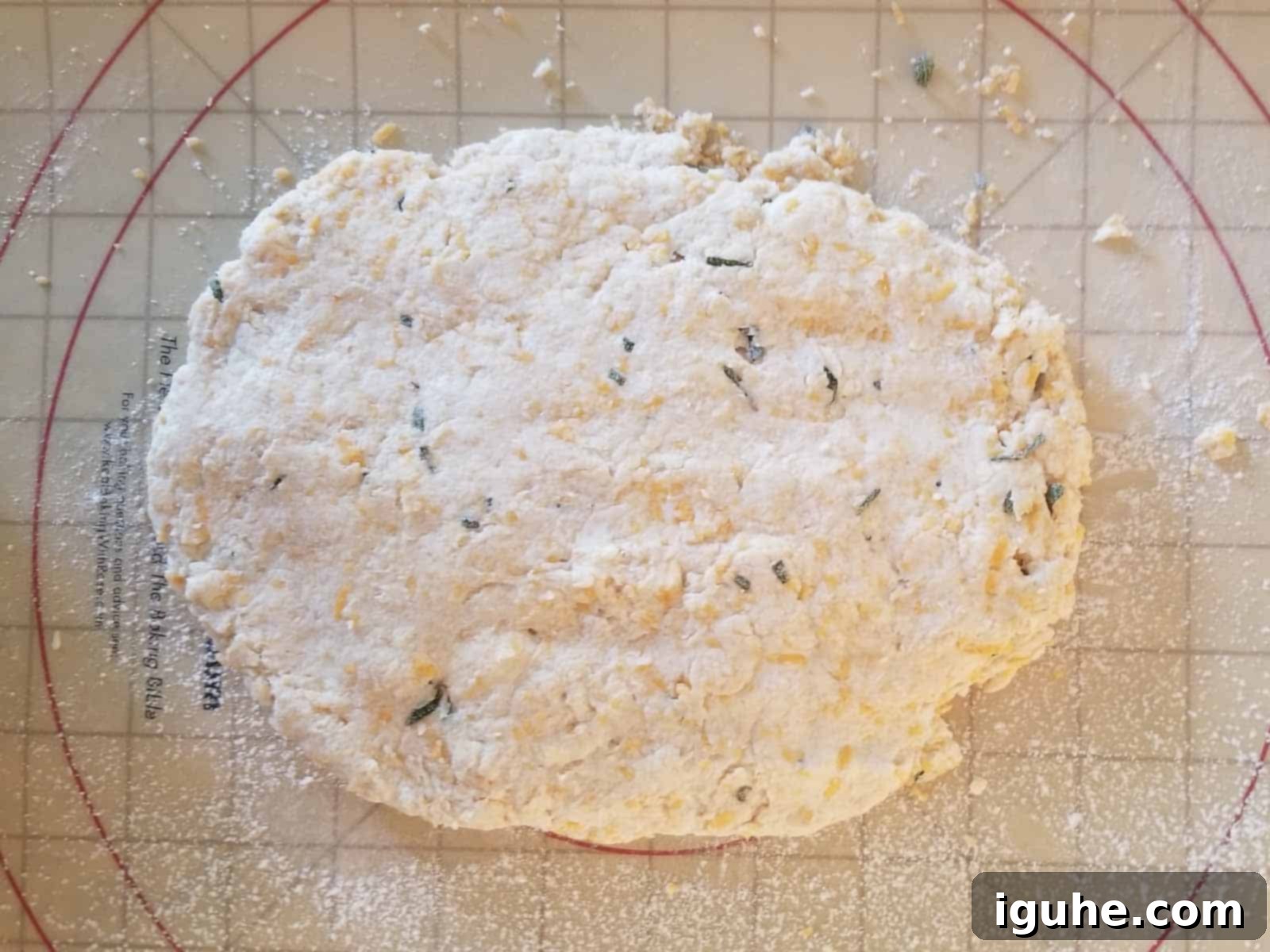 Golden Cheddar Sage Biscuits 8 Biscuit dough patted out into a uniform rectangle on a lightly floured surface.