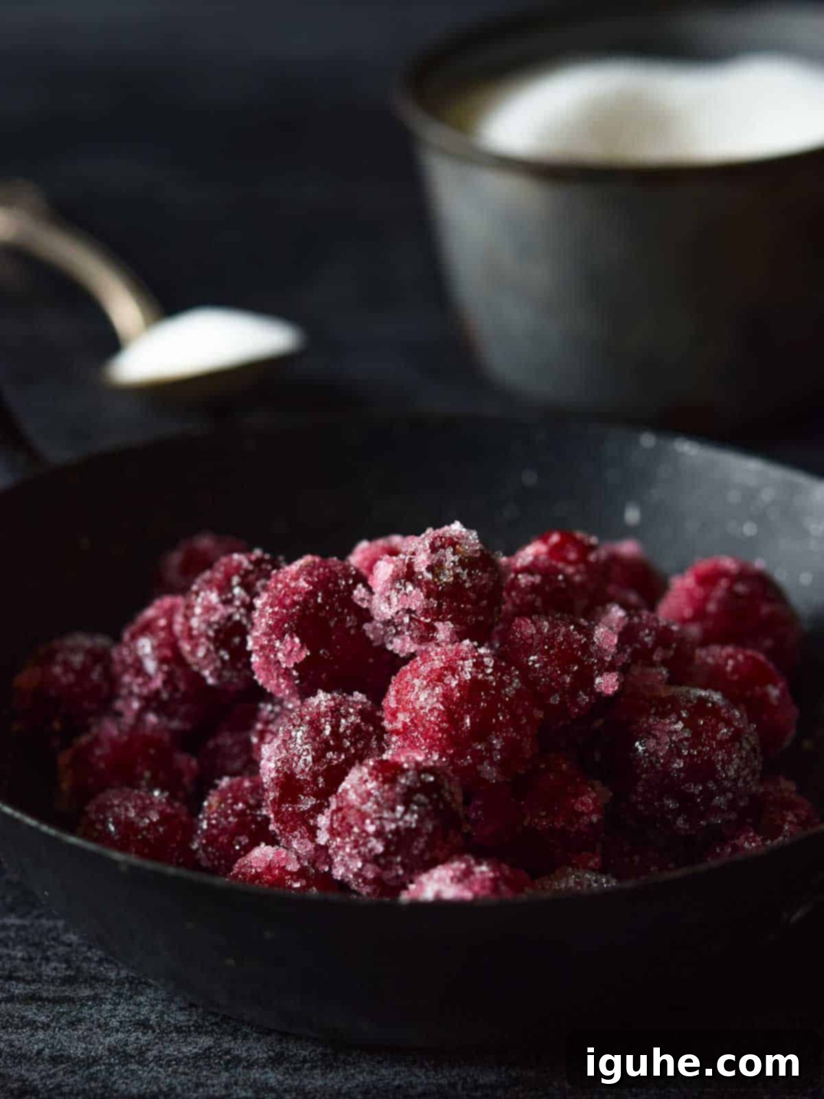 Frosted Cranberry Mimosa 3 Sugared cranberries in a black bowl, sparkling beautifully.