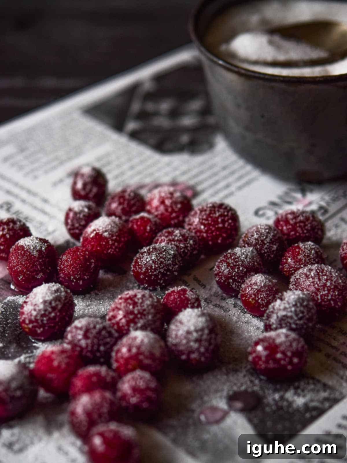 Frosted Cranberry Mimosa 4 Sugared cranberries spread out on parchment paper to dry.