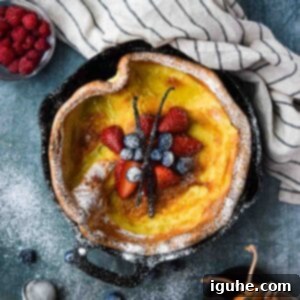 Heavenly Vanilla Dutch Baby 9 Overhead picture of a vanilla Dutch baby with fruit in the middle.