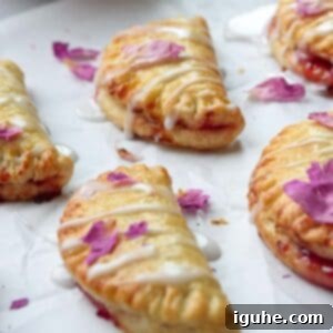 Rose Infused Strawberry Pie Bites 9 Strawberry mini pies on white parchment with strawberry jam in the background.