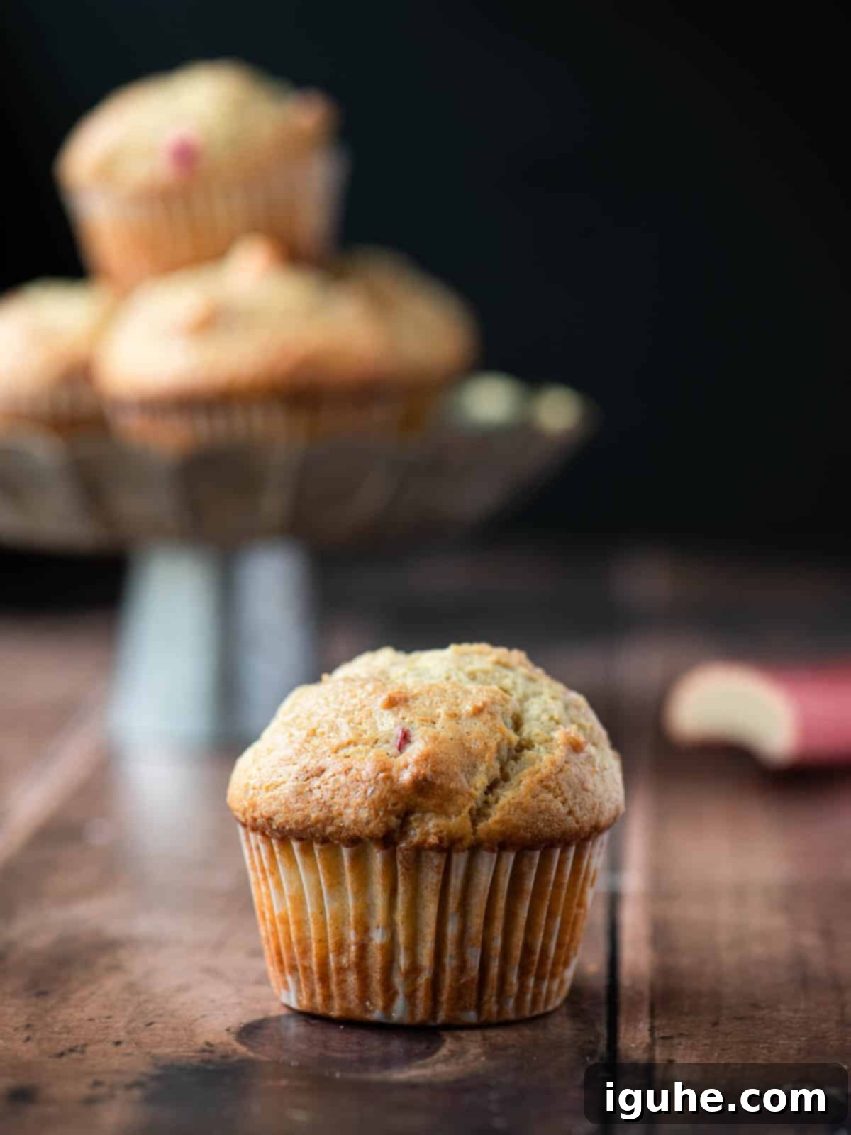 Tangy Rhubarb Muffins 3 Close up of a rhubarb muffin with a stack of muffins behind it.