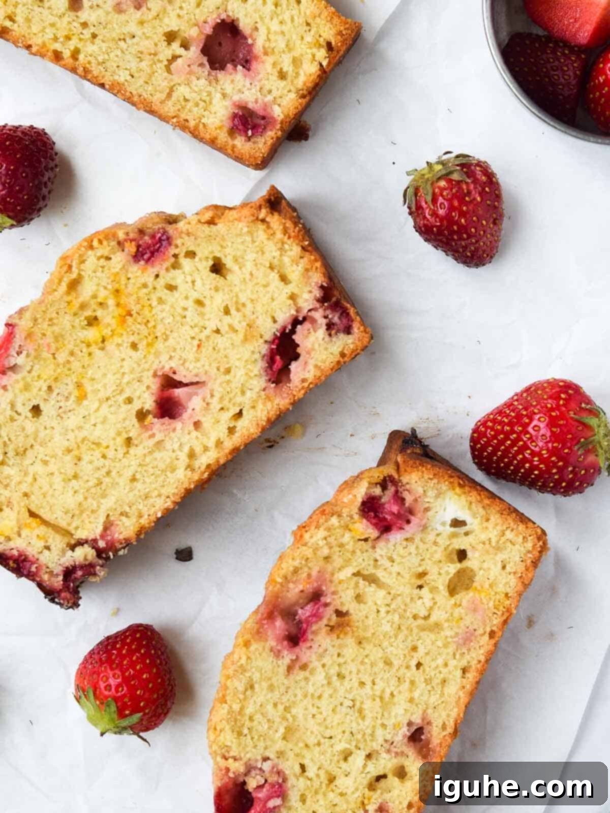 Buttermilk Kissed Strawberry Loaf 3 Slices of moist strawberry bread with visible berry pieces, arranged neatly on wax paper.