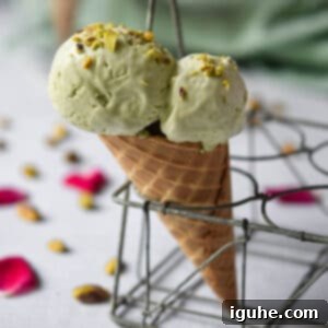 Effortless Pistachio Ice Cream 10 A scoop of homemade no-churn pistachio ice cream in a crisp waffle cone, nestled in a metal holder.