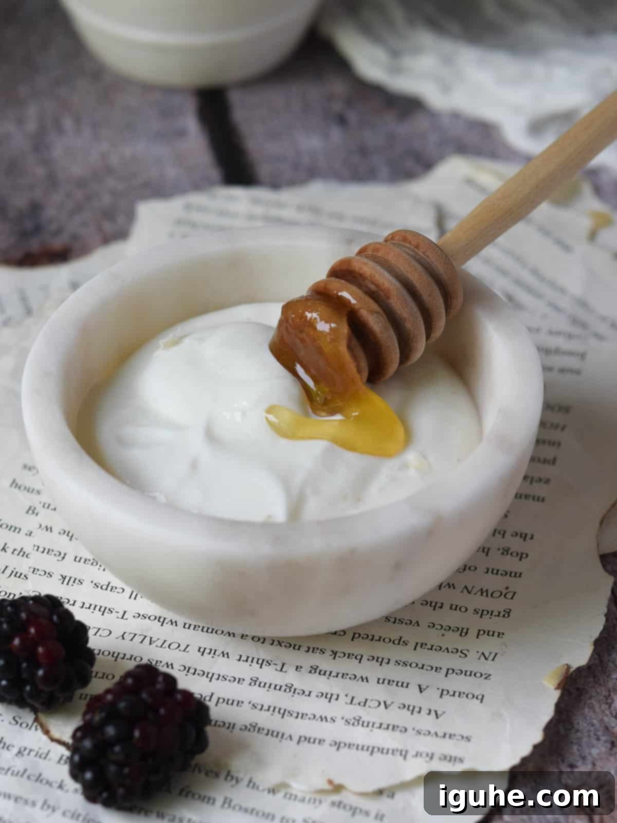 Creamy Cottage Cheese Breakfast Bowls 3 A clean, white marble bowl holding plain, smooth blended cottage cheese, with a small drizzle of golden honey cascading down its side, highlighting its creamy texture.