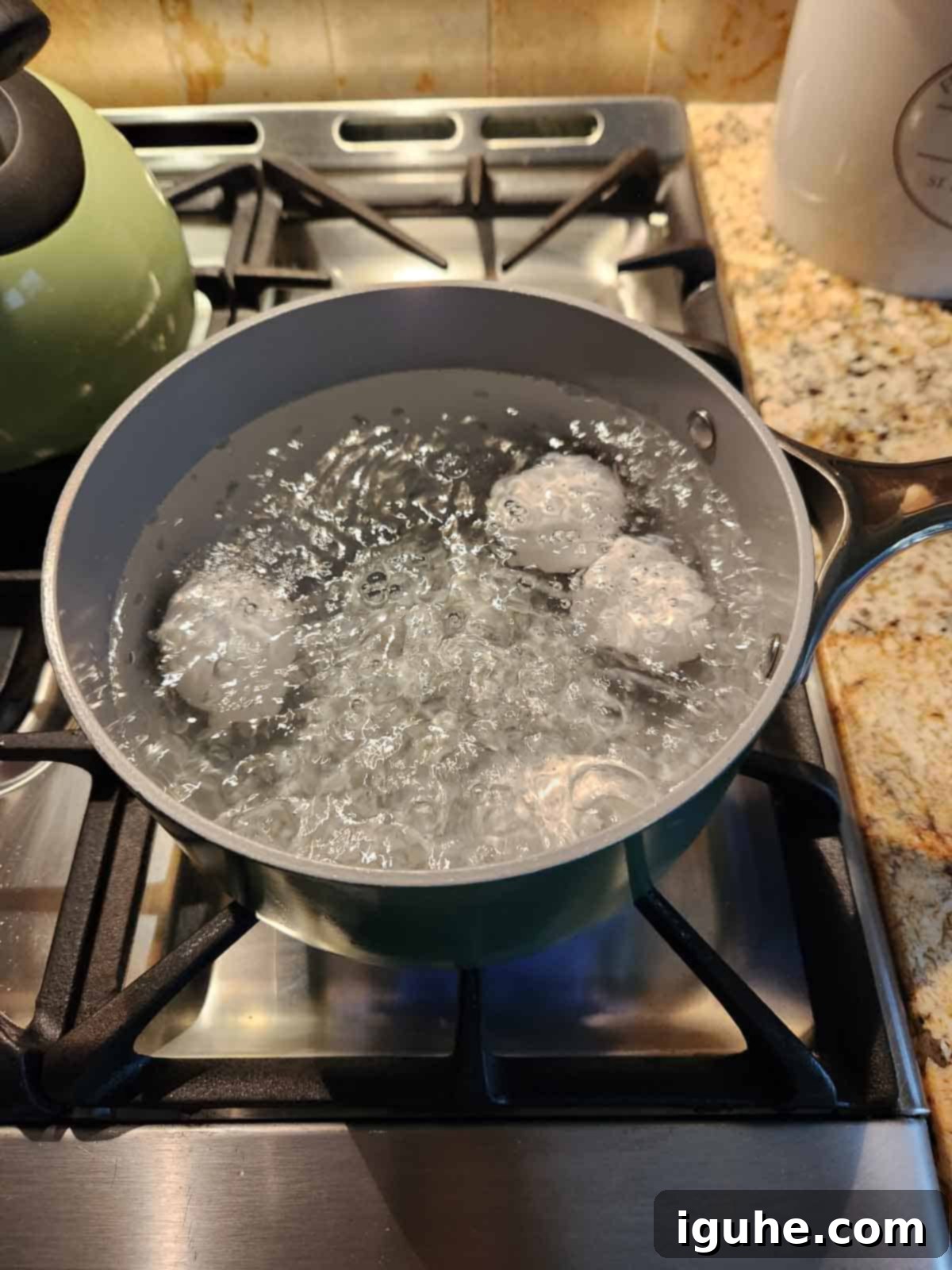 Sesame Kissed Jammy Eggs 6 Eggs in a pot of boiling water.