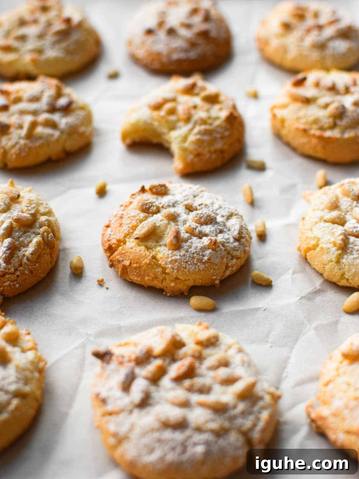 The Easiest Italian Pignoli Cookies 2 Angled view of baked Italian pignoli cookies on a baking sheet covered with white parchment paper. One cookie has a bite taken out.