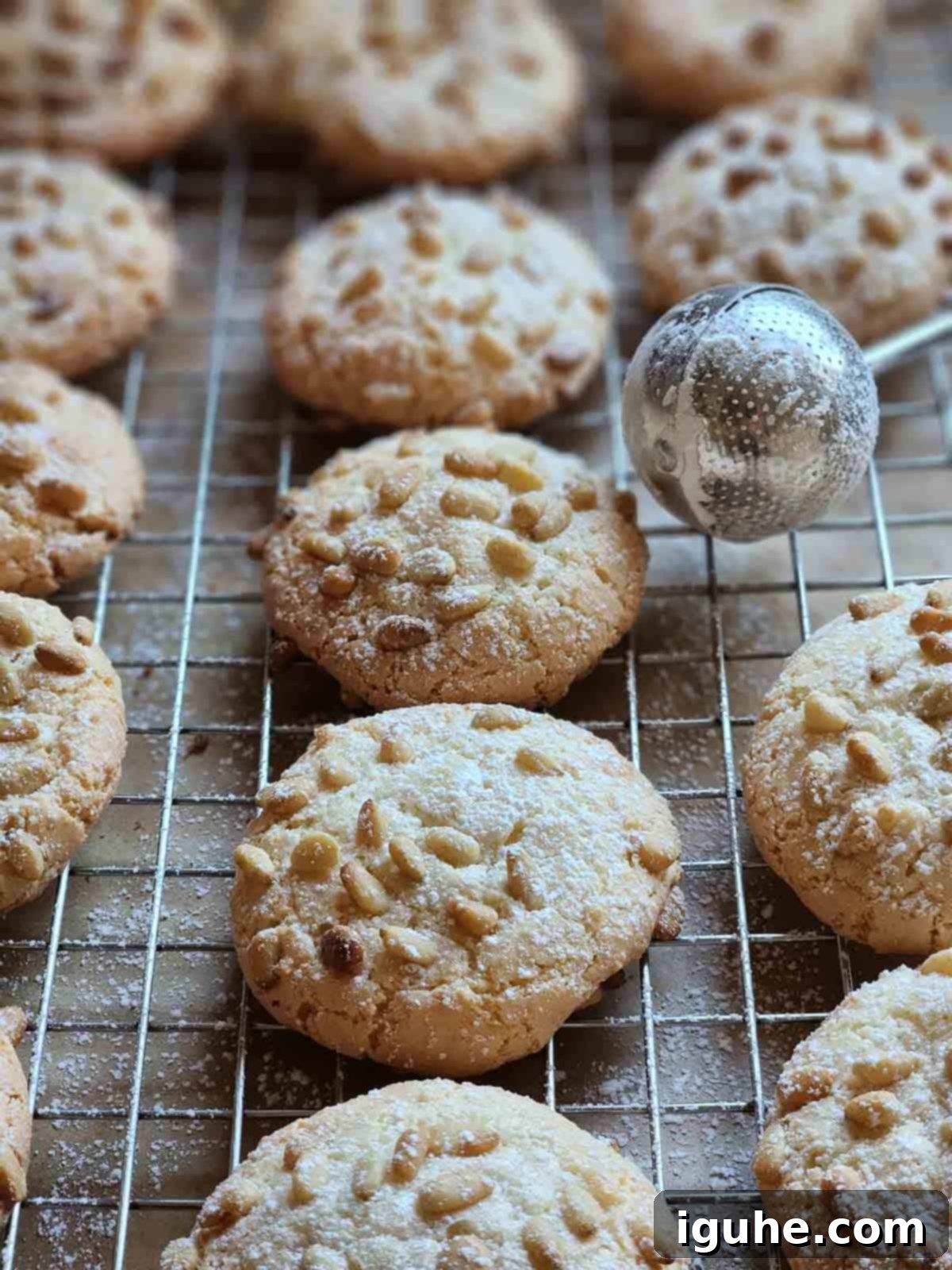 The Easiest Italian Pignoli Cookies 8 Dusted pignoli cookies with powdered sugar.