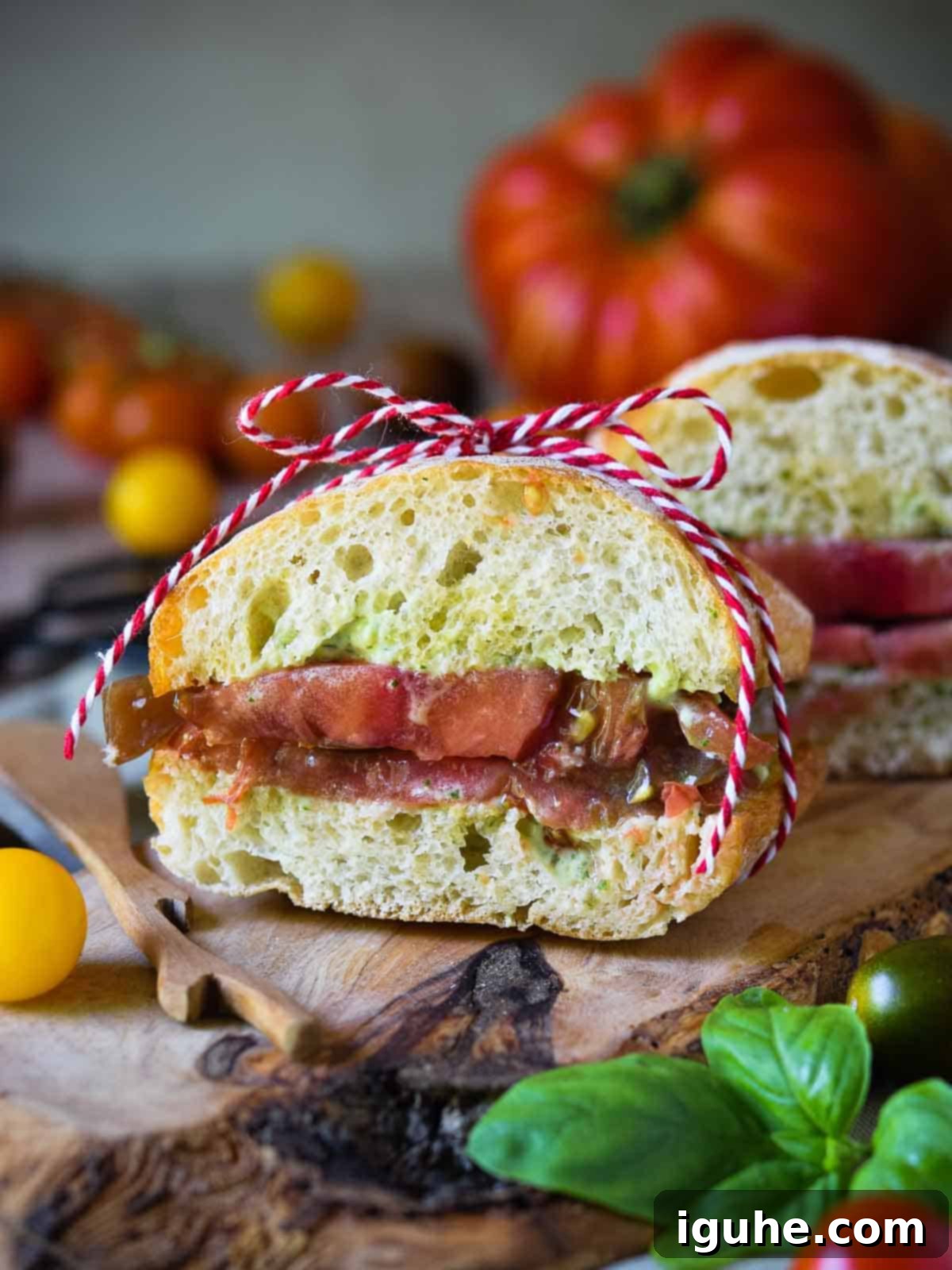 Heirloom tomato and pesto ciabatta roll cut in half on a wood board.