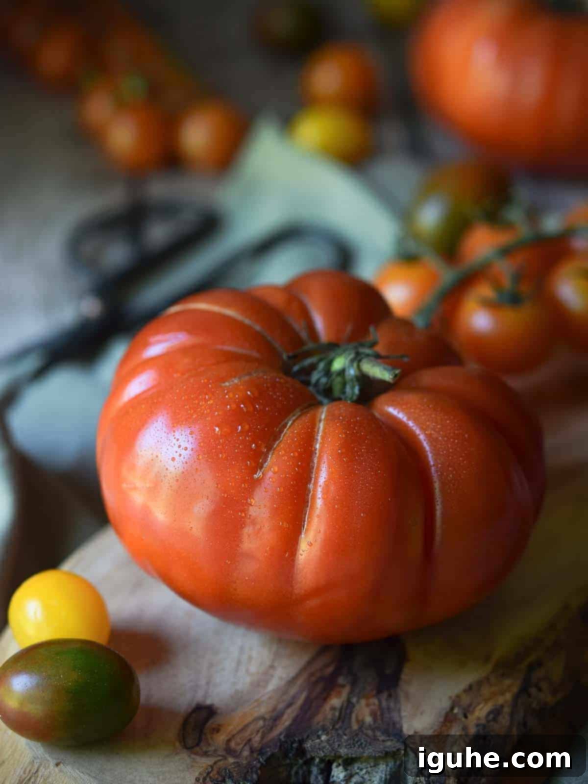 Sun-Kissed Heirloom Tomato & Pesto Aioli Sandwich 3 Close-up of a red heirloom tomato on a wood board with small tomatoes in the background.
