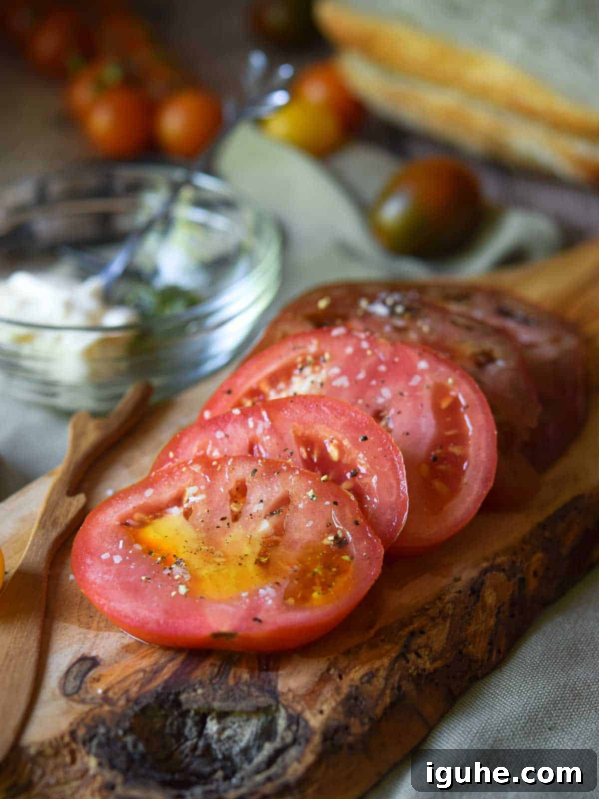 Sun-Kissed Heirloom Tomato & Pesto Aioli Sandwich 4 Sliced seasoned tomatoes on a wood board, with bread and pesto in the background.