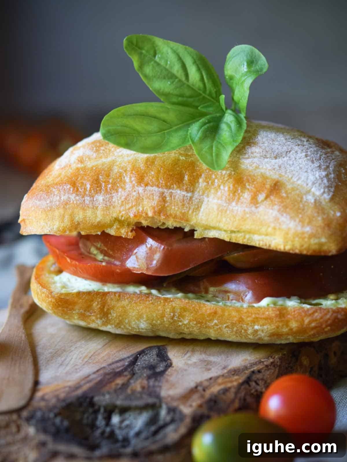 Sun-Kissed Heirloom Tomato & Pesto Aioli Sandwich 8 Ciabatta roll with tomatoes and pesto, topped with a few leaves of fresh basil on a wood board.