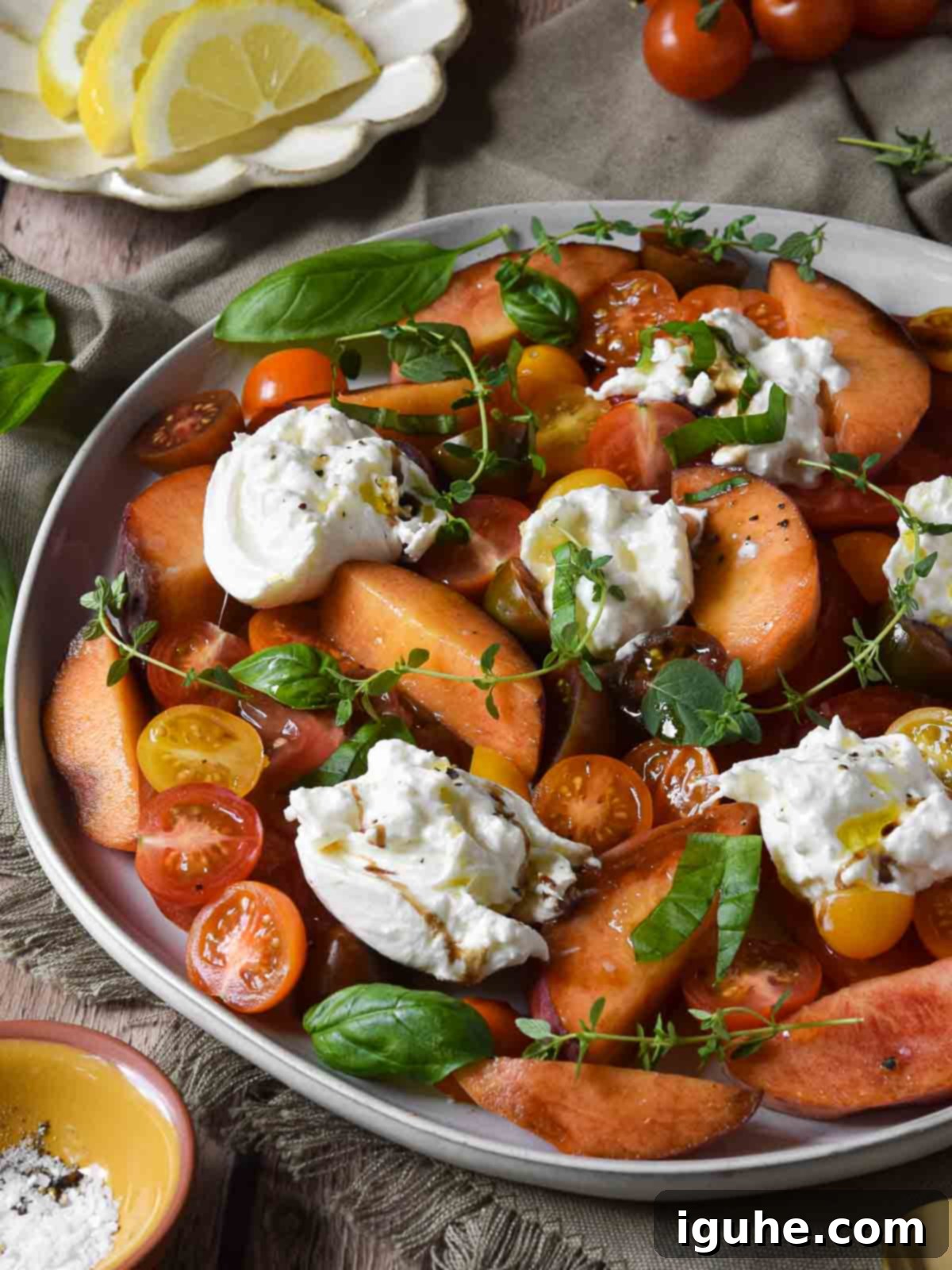 Peaches and Cream Burrata Caprese 9 Burrata Caprese Salad with Peaches served in a shallow bowl, highlighting its vibrant colors and fresh appeal.