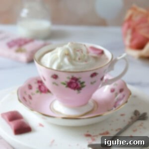 Velvet Ruby Hot Chocolate 10 Ruby hot chocolate in a pink floral cup with whipped cream on top.