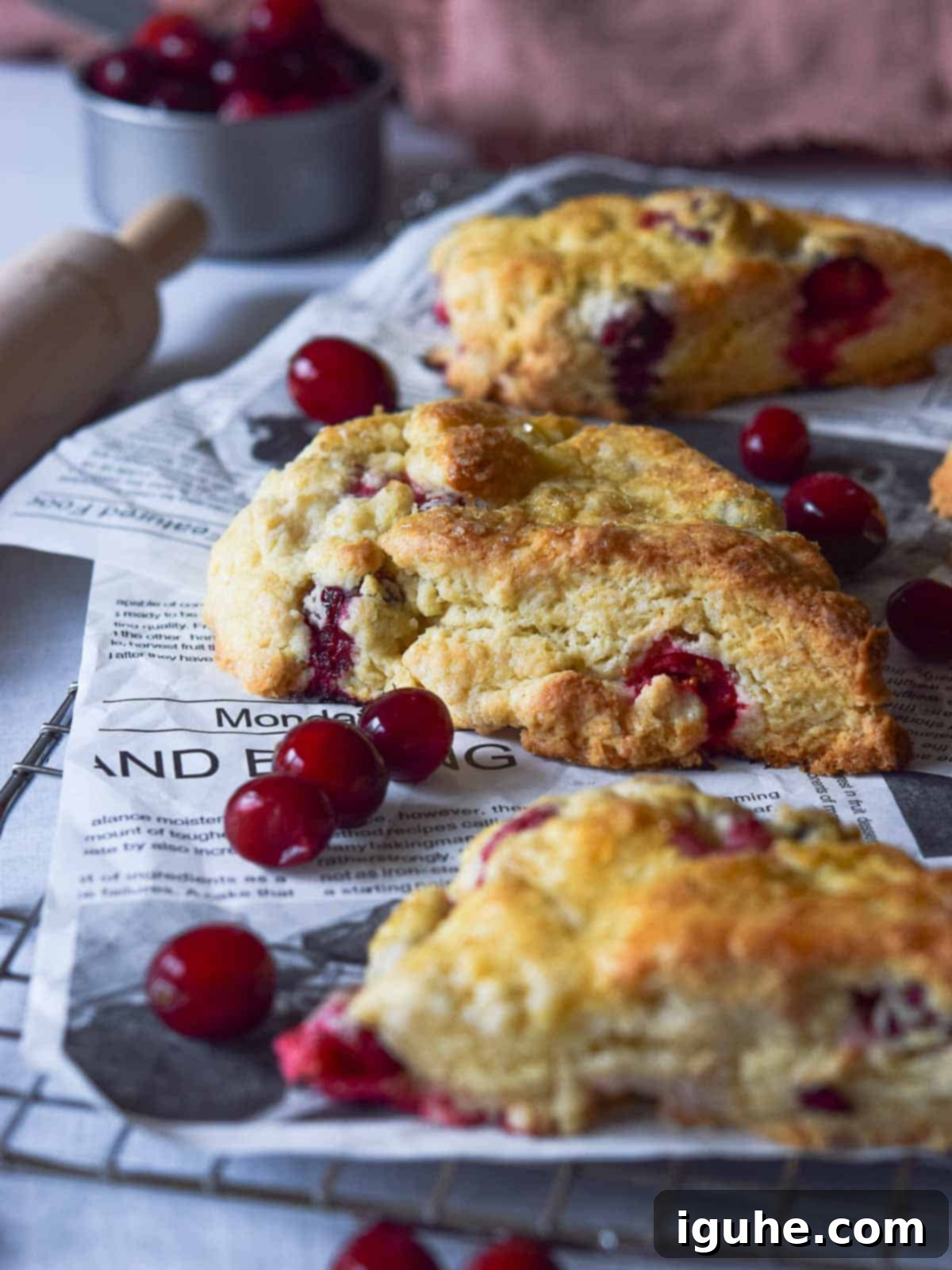 Angled view of cranberry orange scones on a cooling rack with scattered cranberries.