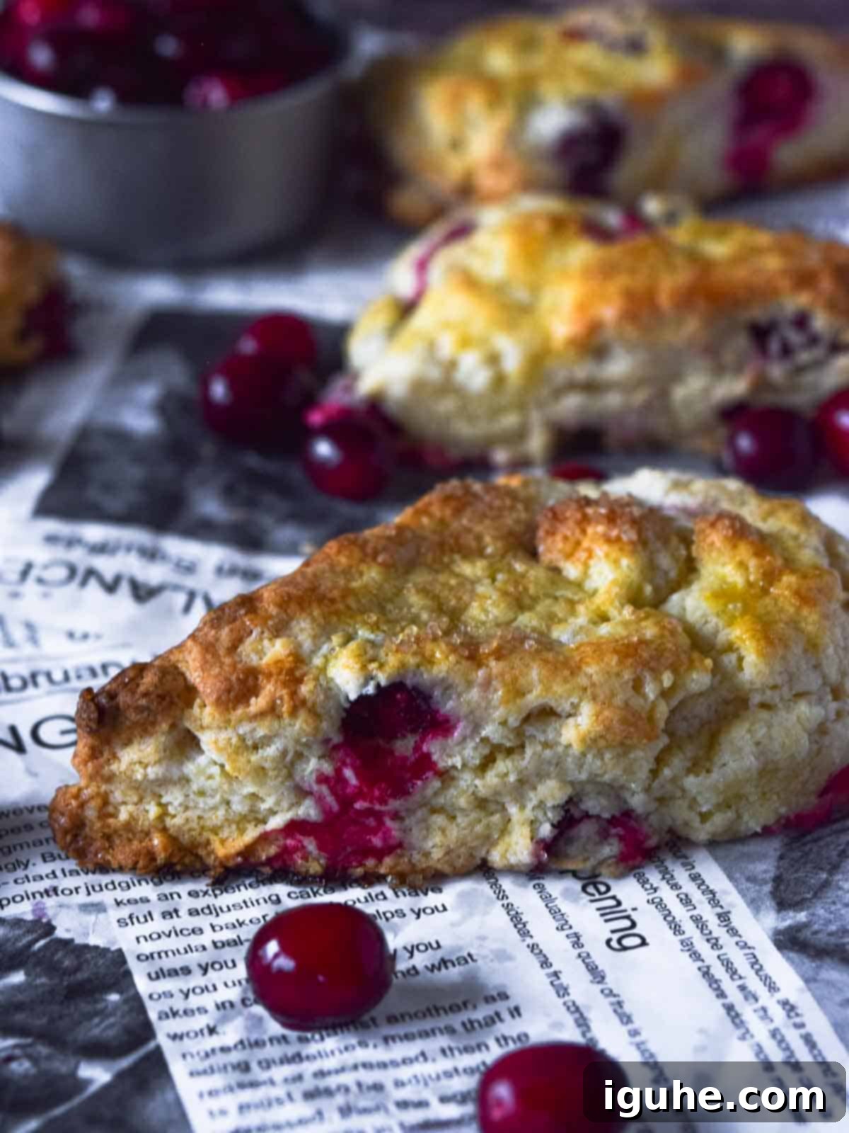 Blissful Cranberry Orange Cream Scones 3 Close up view of cranberry orange scones on parchment paper with scattered cranberries.