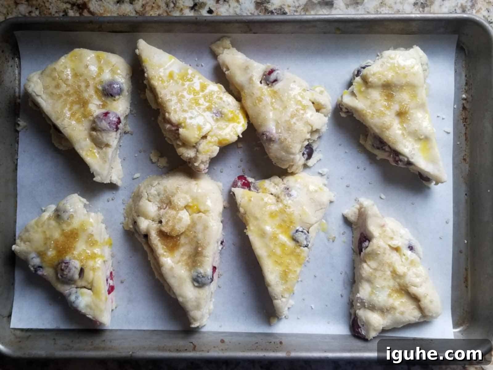 Blissful Cranberry Orange Cream Scones 7 Cut scones on a baking sheet brushed with egg wash.