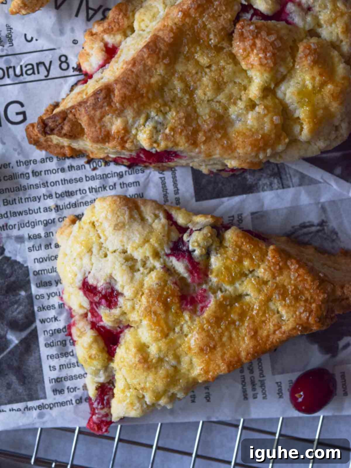 Blissful Cranberry Orange Cream Scones 8 Overhead view of cranberry orange scones on a wire rack.
