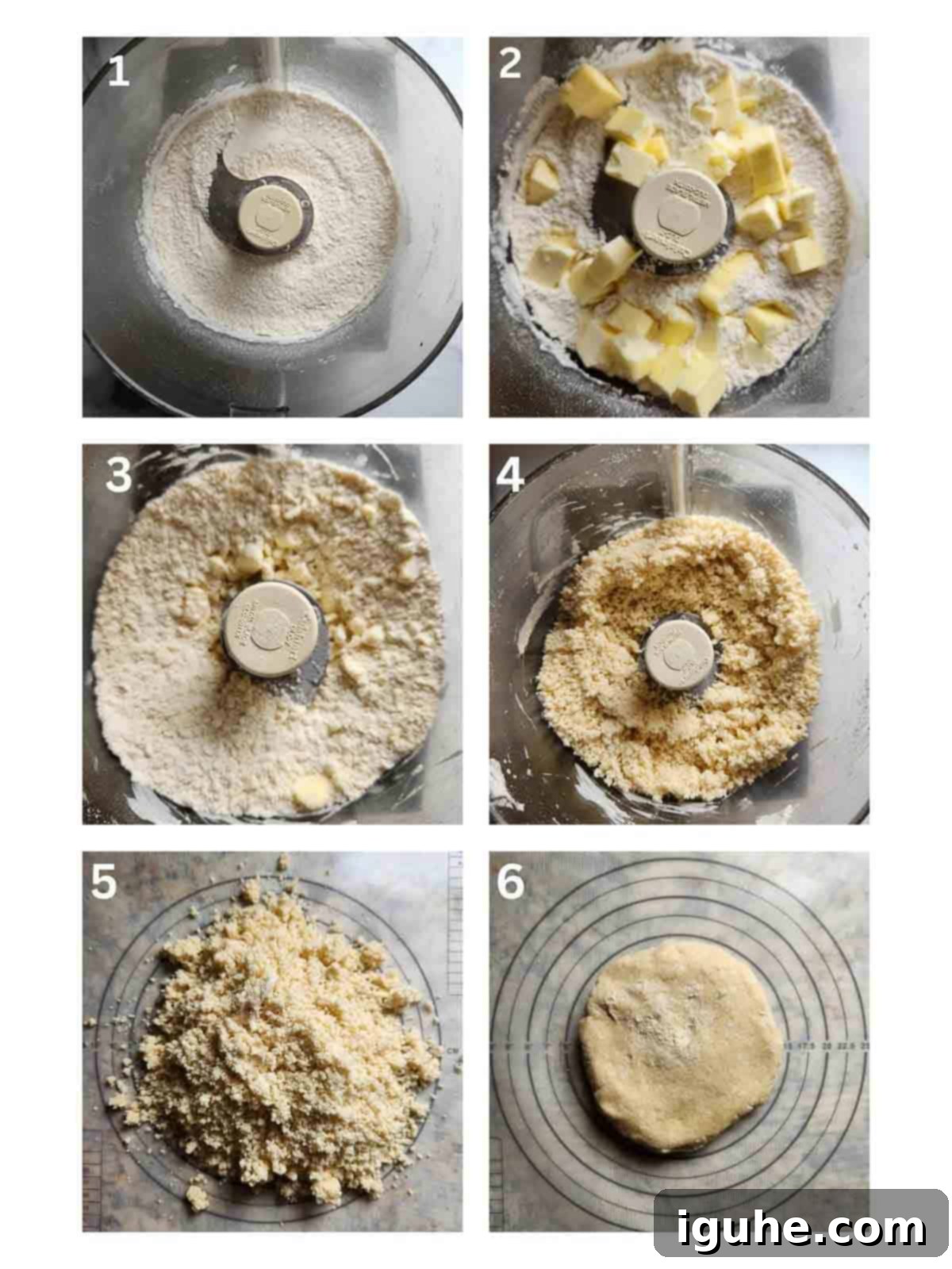 Rustic Zucchini Ricotta Tart 3 Six steps showing how to make galette dough in a food processor.