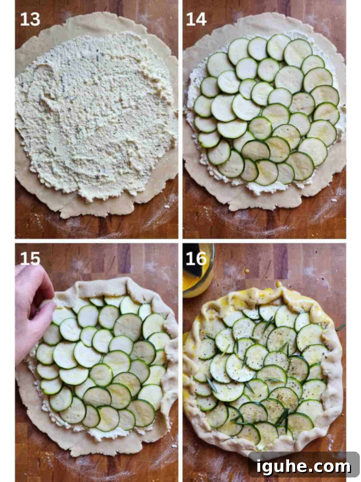 Rustic Zucchini Ricotta Tart 5 Four steps shown on how to fill and crimp a zucchini galette.