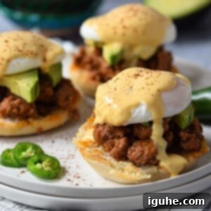 Fiesta Benedict with Chipotle Kick 14 Three Mexican Eggs Benedict on a plate with chipotle hollandaise sauce drizzled over.