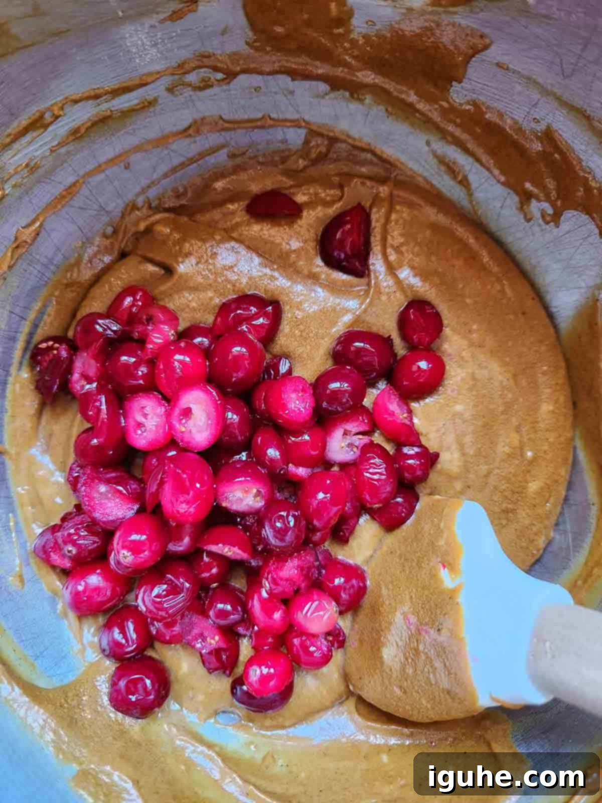 Gingerbread Cranberry Loaf 7 Chopped cranberries and minced fresh ginger being folded into the gingerbread batter in a metal bowl.