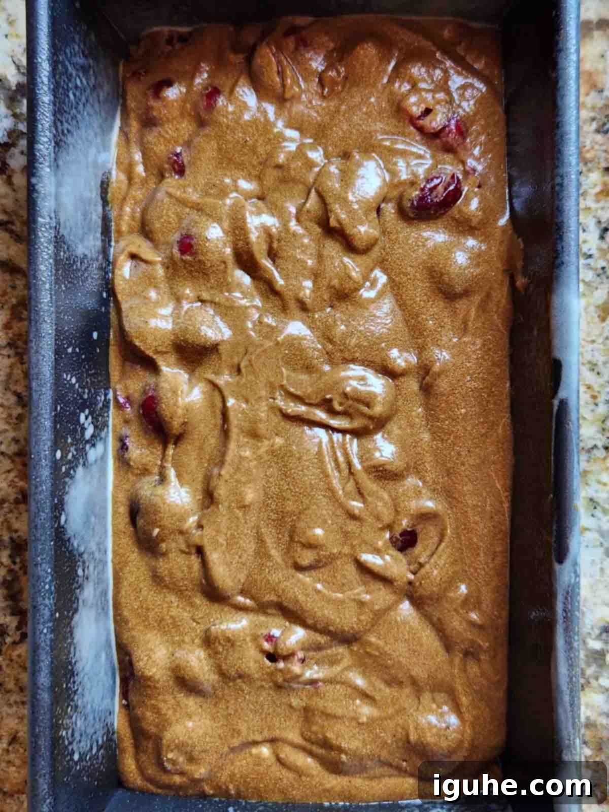 Gingerbread Cranberry Loaf 9 Gingerbread batter poured into a loaf pan, ready for baking in the oven.