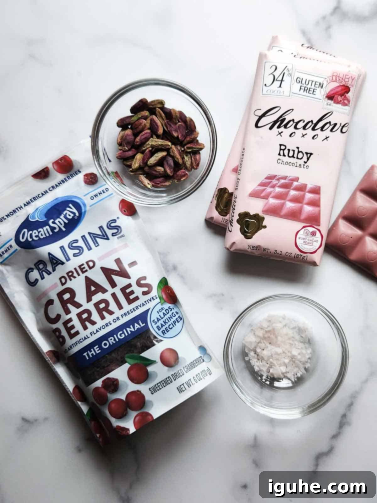 Blush Ruby Chocolate Bark 3 Ingredients for ruby chocolate bark.