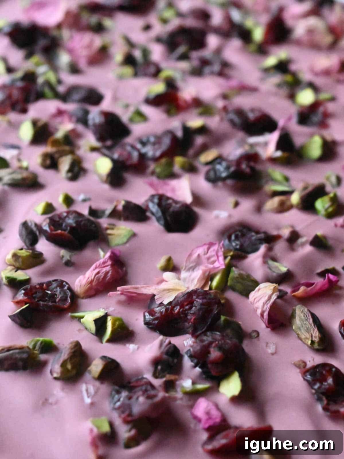 Blush Ruby Chocolate Bark 8 Close-up of ruby chocolate bark with rose petals and cranberries.
