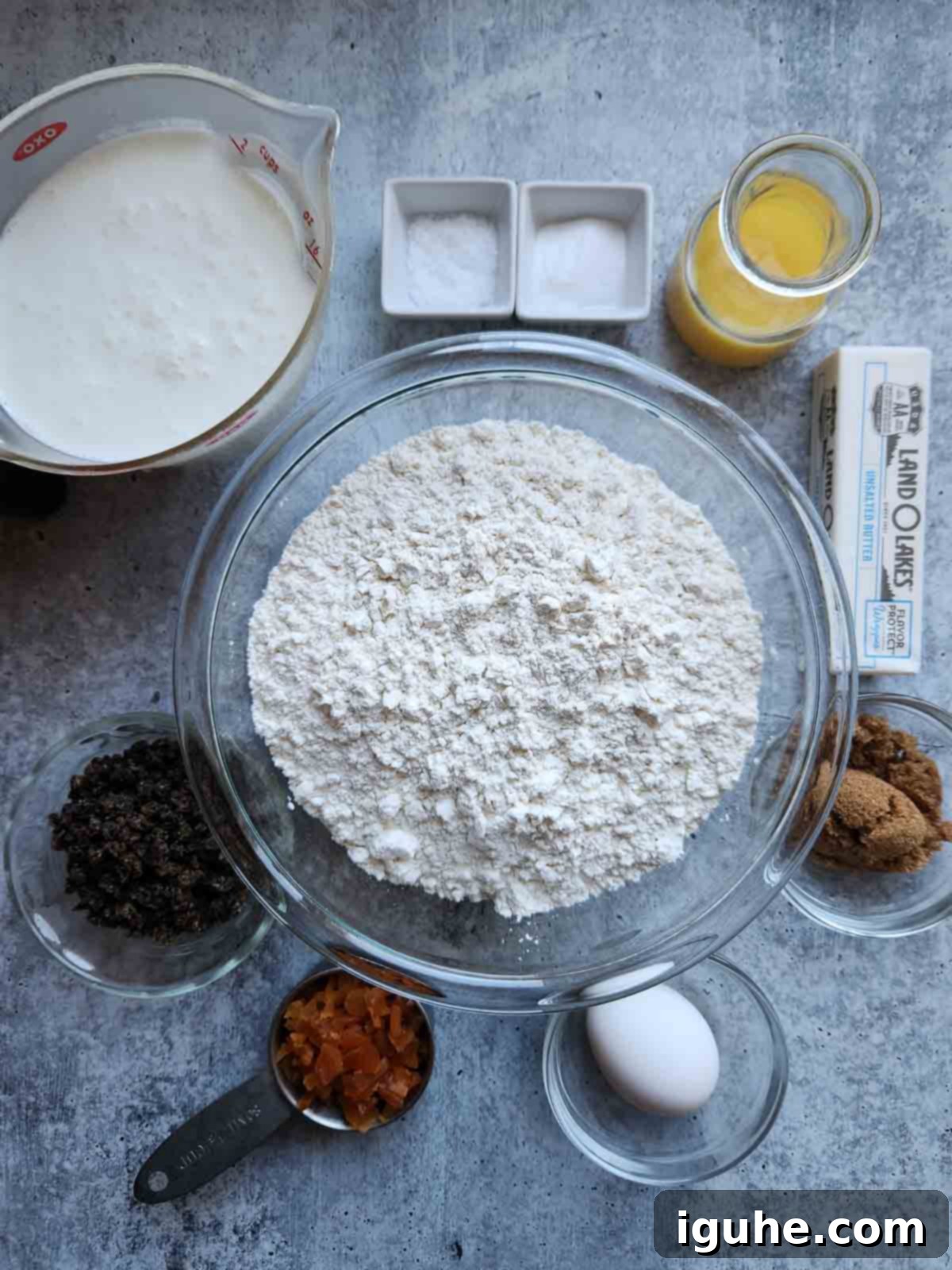 Sun-Kissed Apricot and Currant Irish Soda Bread 3 Overhead view of the ingredients for Irish soda bread.