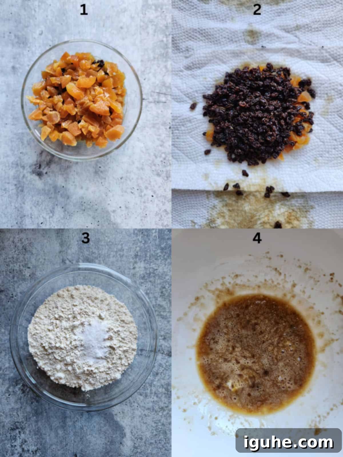 Sun-Kissed Apricot and Currant Irish Soda Bread 4 Collage of 4 pictures showing preparation steps for preparing Irish soda bread batter.