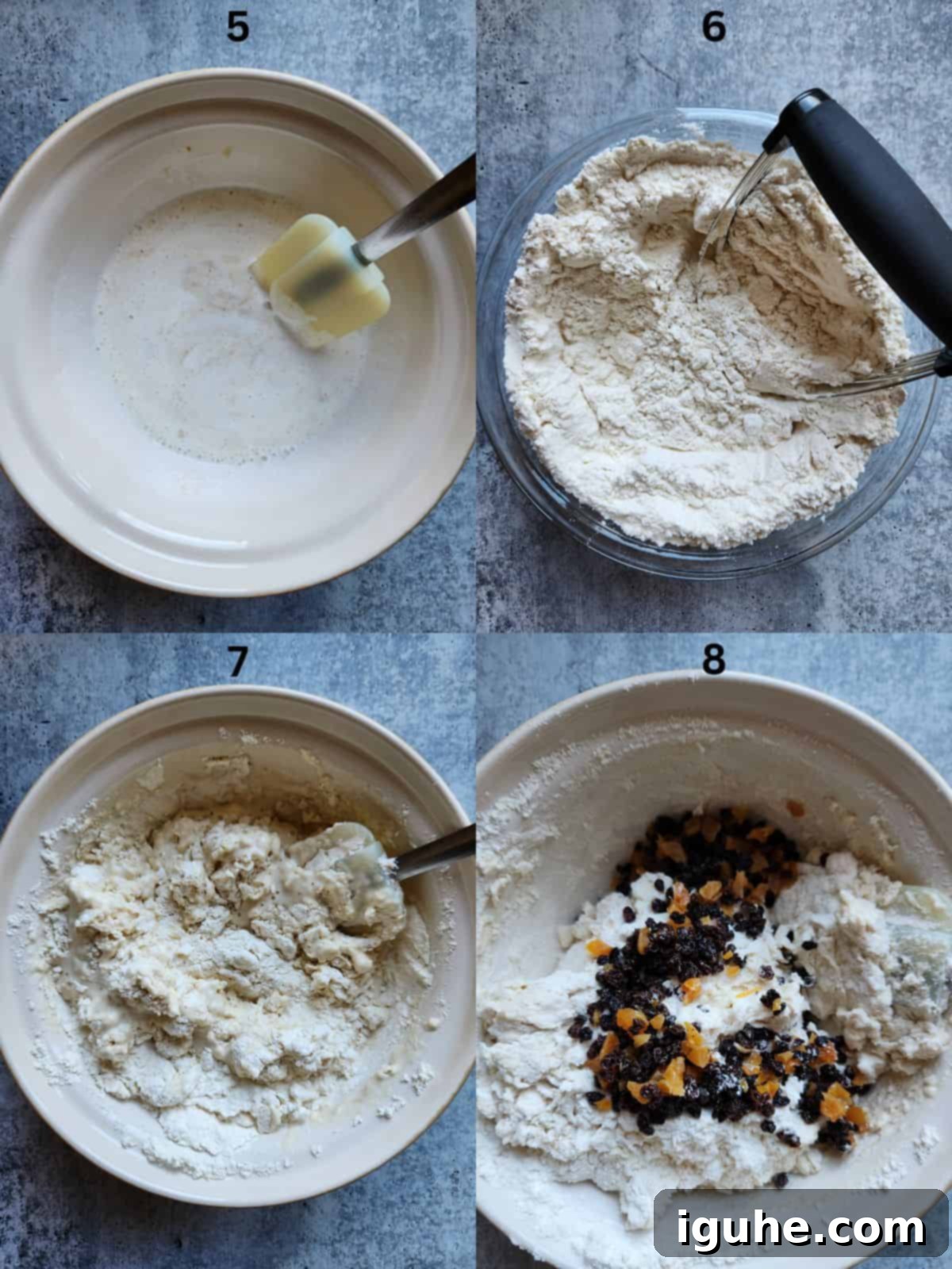 Sun-Kissed Apricot and Currant Irish Soda Bread 5 Collage of 4 pictures showing preparation steps for preparing Irish soda bread batter.