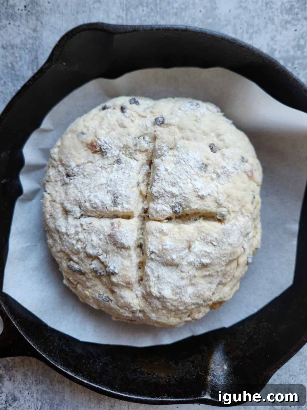 Sun-Kissed Apricot and Currant Irish Soda Bread 7 Irish soda bread dough in a cast iron skillet.