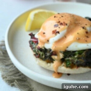 Swiss Chard Eggs Florentine with Zesty Tomato Hollandaise 11 Close-up of eggs Florentine with tomato hollandaise, showcasing the rich sauce and perfectly cooked egg.
