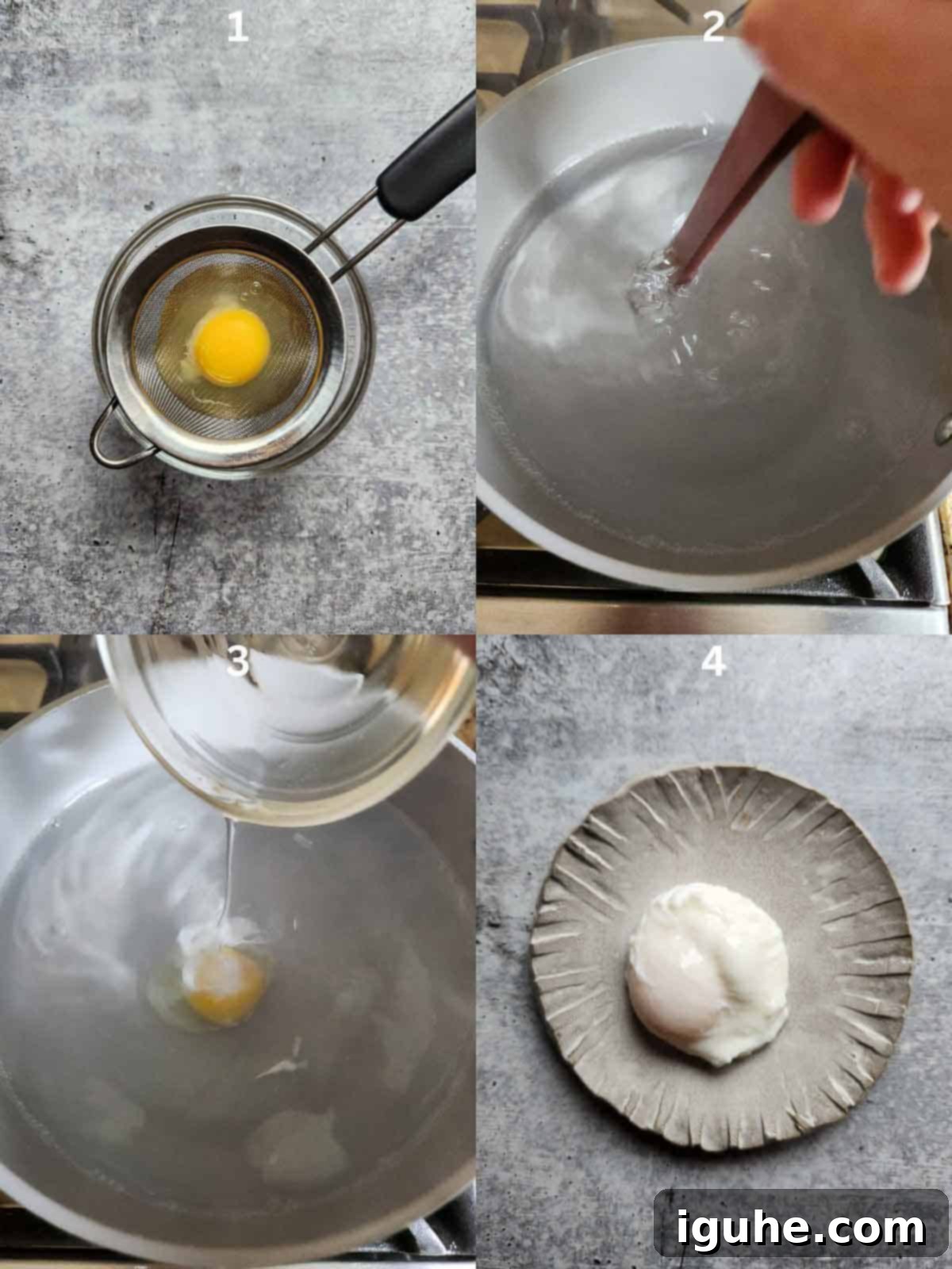 Swiss Chard Eggs Florentine with Zesty Tomato Hollandaise 4 Collage of 4 images demonstrating the process of poaching an egg: straining, swirling water, adding egg, and removing.