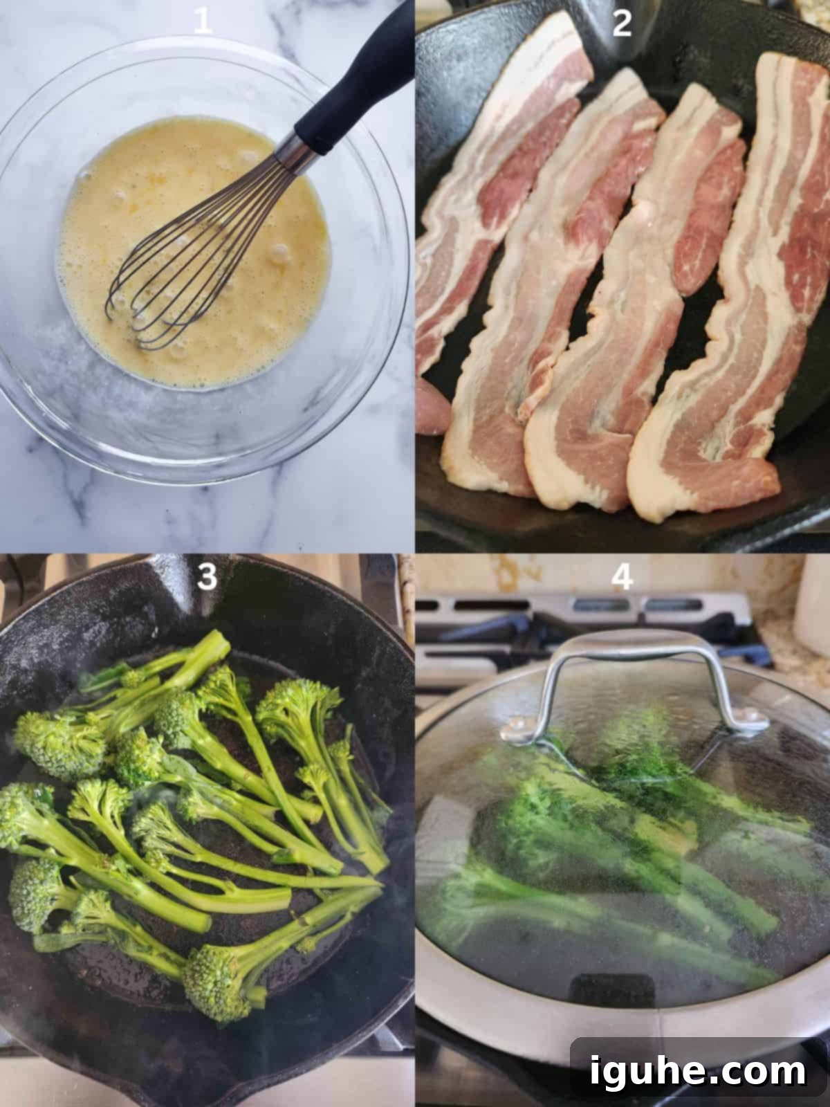 Ultimate Broccolini Bacon Parmesan Frittata 4 Steps to make broccolini, numbered from one to four.
