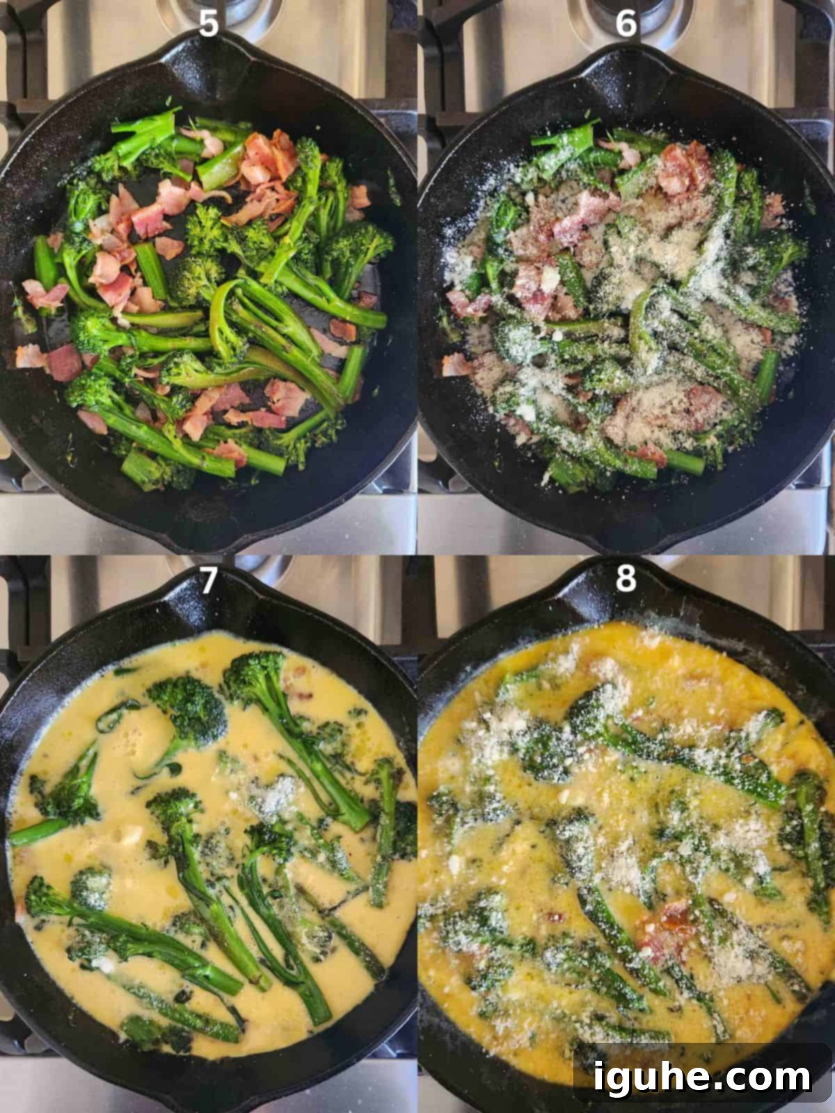 Ultimate Broccolini Bacon Parmesan Frittata 5 Steps for making broccolini frittata showing ingredients in a skillet and cooked.