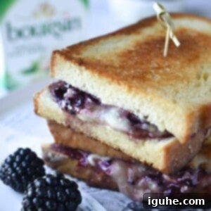 Blackberry Boursin Grilled Delight 8 Close-up of blackberry grilled cheese with fresh blackberries in the foreground, showing the melty cheese.