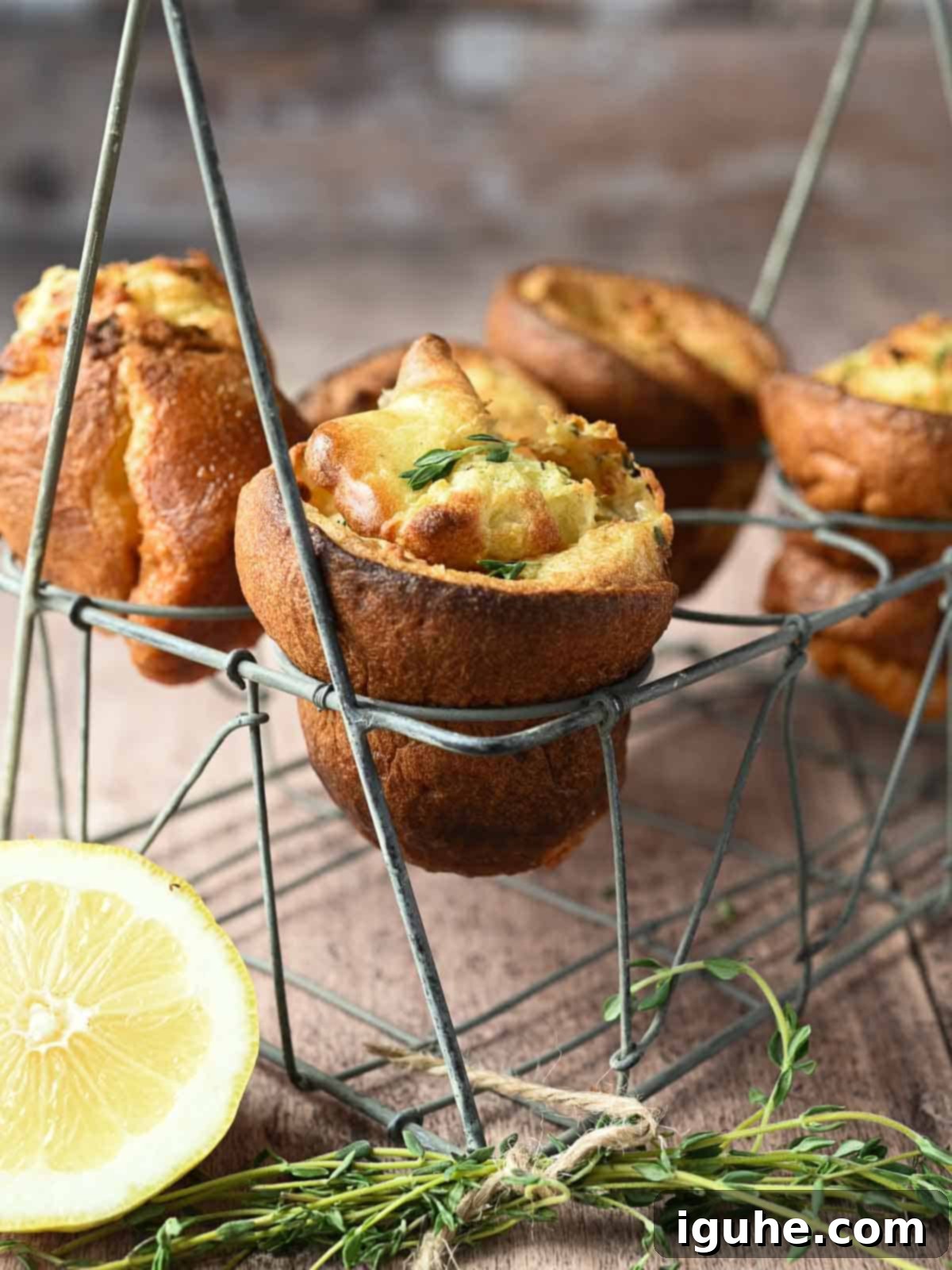 Lemon popovers are suspended in a wire rack with thyme and lemons in the forefront, showcasing their golden, puffy texture.