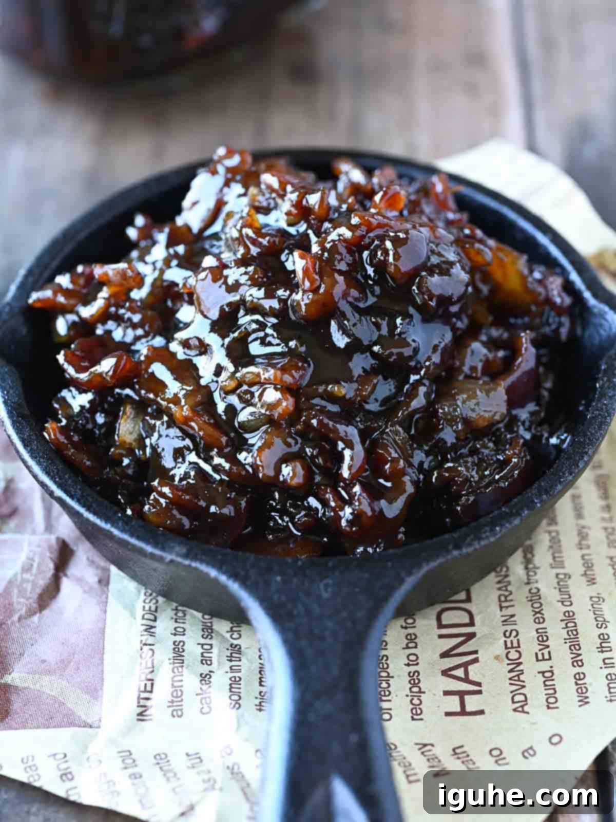 Bourbon-Kissed Bacon Bliss 9 Bourbon bacon jam in a small back skillet.