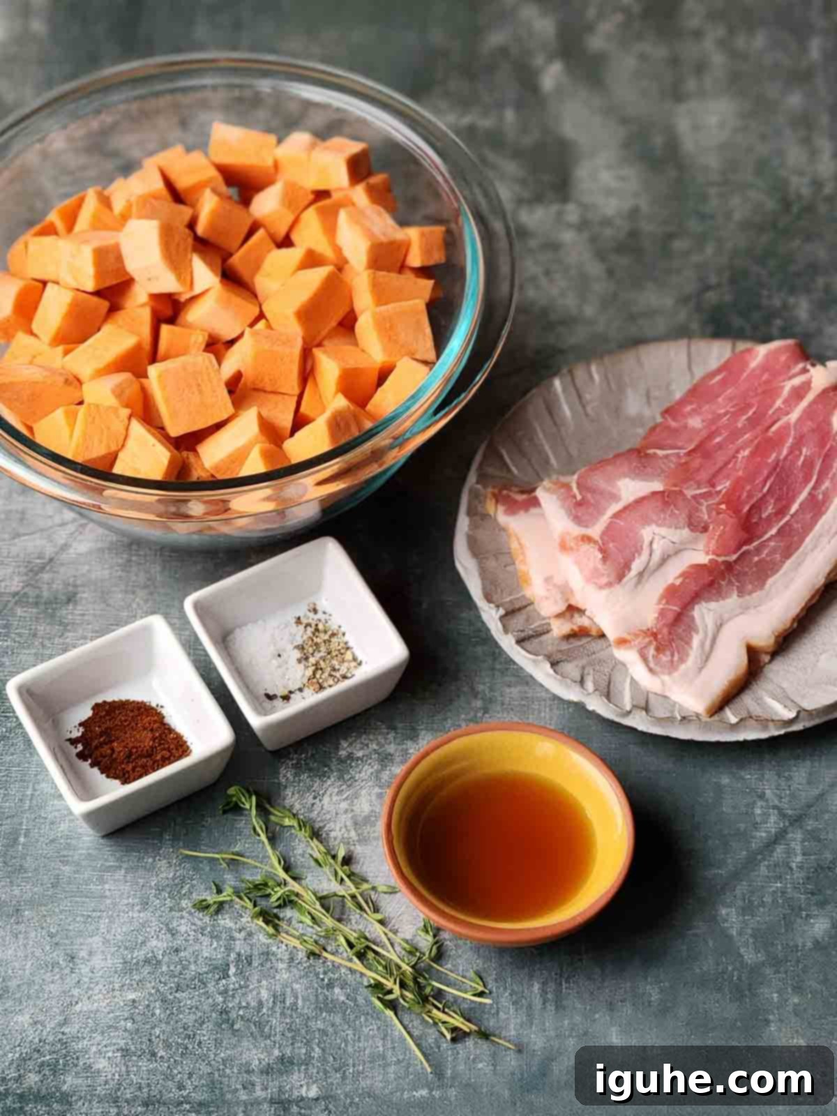 Sunrise Sweet Potato Bacon Medley 3 Ingredients for sweet potato bacon hash.