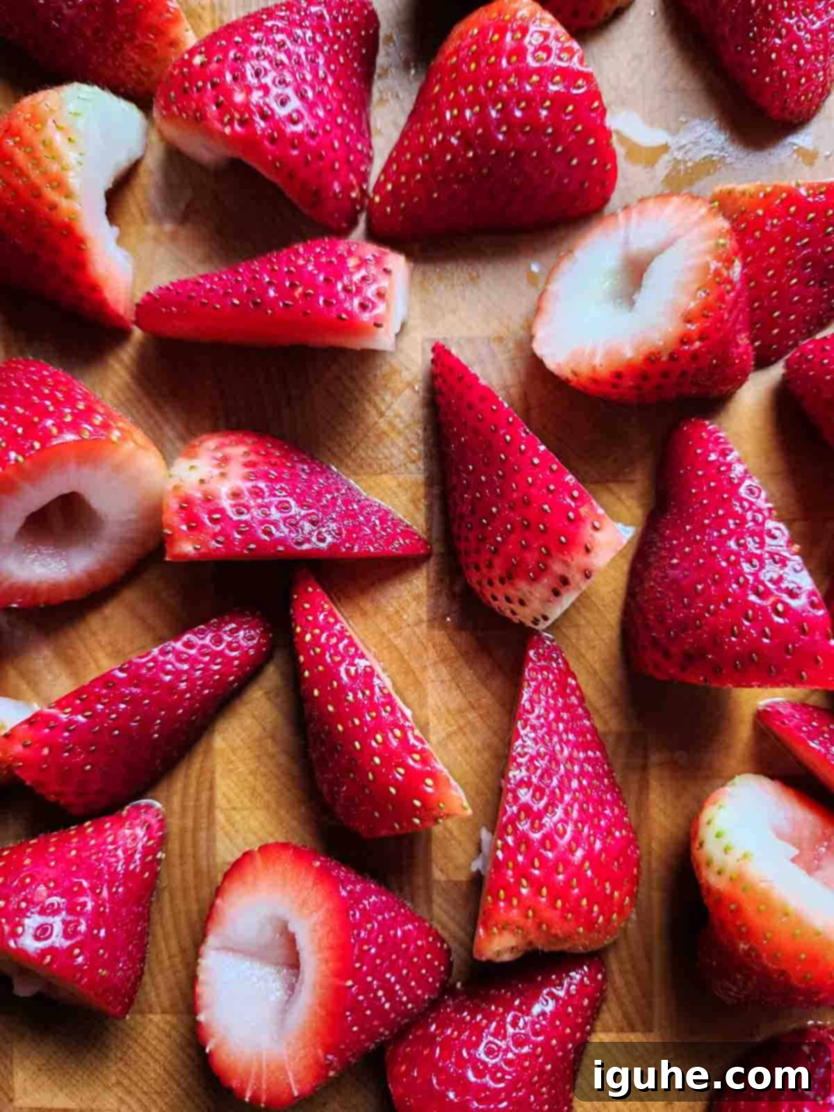 Roasted Strawberry Labneh Toast 4 Cut strawberries on a cutting board, ready for roasting.